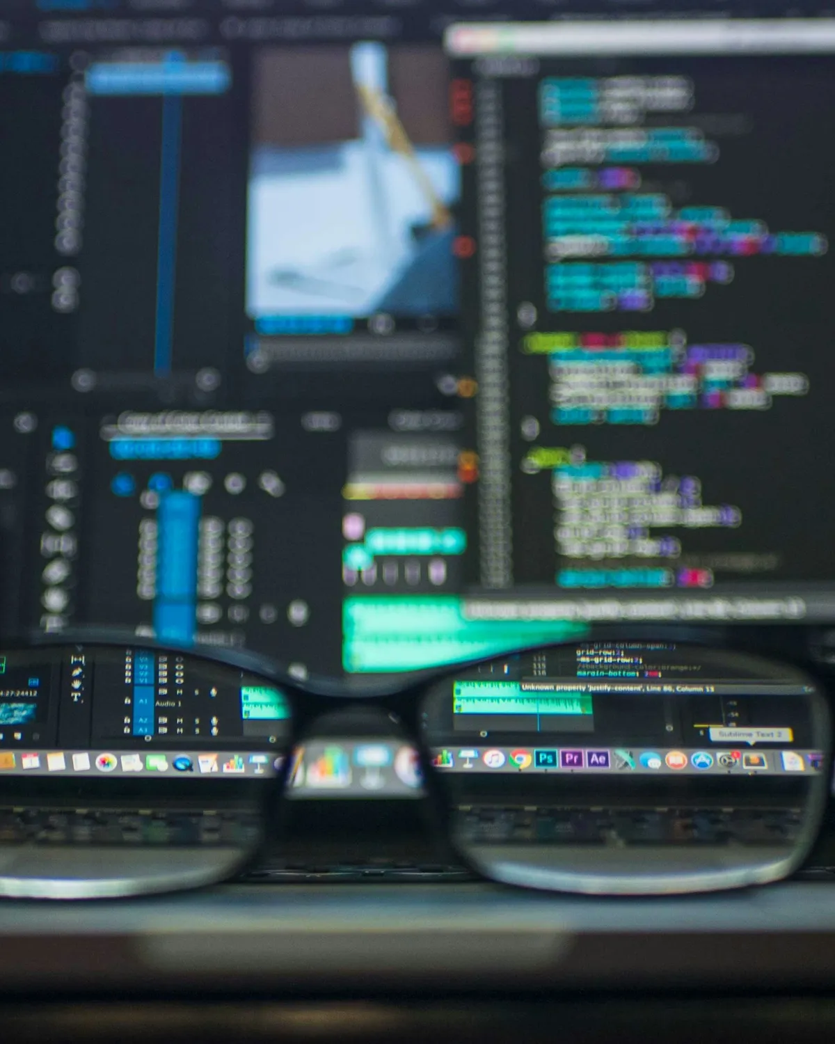 Eyeglasses on a desk in front of monitors showing code